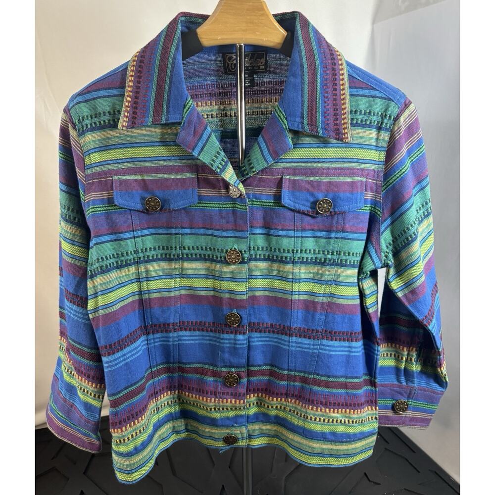 Western Cattlelac Ranch‎ Southwest Blue Green Stripe Cotton Jacket Womens SZ M